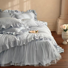 Lacey Lace Ruffle Washed Cotton Bedding Set - Blue