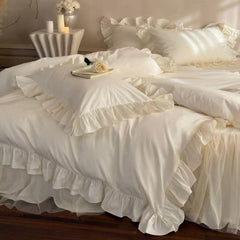 Lacey Lace Ruffle Washed Cotton Bedding Set - White