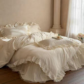 Lacey Lace Ruffle Washed Cotton Bedding Set - White