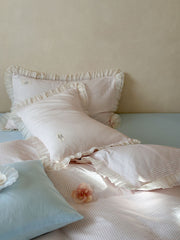 Mabel Lace Double Gauze Striped Bedding Set - Pink
