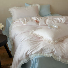 Mabel Lace Double Gauze Striped Bedding Set - Pink