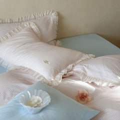 Mabel Lace Double Gauze Striped Bedding Set - Pink