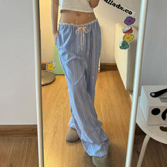 Loose striped contrast casual lace-up straight-leg trousers