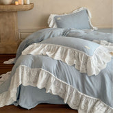 Macaroon French Lace Ruffled Bedding Set - Blue