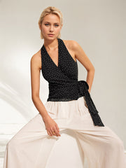 Polka Dot Sleeveless Halter Neck Tie Waist Tank Top