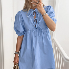 Versatile Puff Sleeve High Waist Girl Solid Color Dress