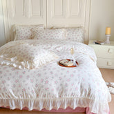 Delicate Floral Lace Ruffled Bedding Set - Pink