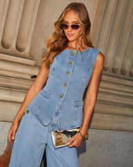 Button Sleeveless Vest Wide-Leg Jeans Set