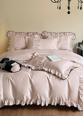 French Pleated Ruffle Bedding Set - Pink