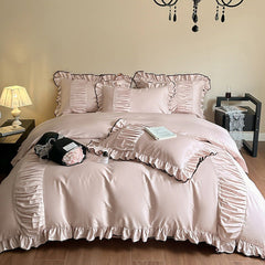 French Pleated Ruffle Bedding Set - Pink