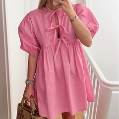 Versatile Puff Sleeve High Waist Girl Solid Color Dress
