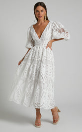 TIERed Eyelet Lace Midi Dress in White