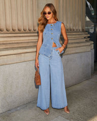 Button Sleeveless Vest Wide-Leg Jeans Set