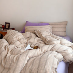 Vintage Striped Washed Cotton Bedding Set - Khaki & Purple