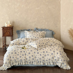 French Blue Floral Ruffled Bedding Set