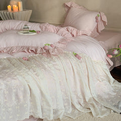Bella Floral Lace Ruffled Princess Bedding Set - Pink