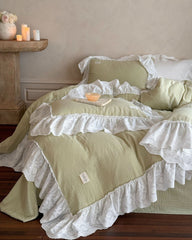 Macaroon French Lace Ruffled Bedding Set - Olive Green