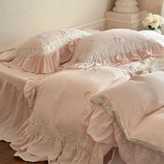 Beatrice Rose Lace Ruffle Bedding Set - Pink