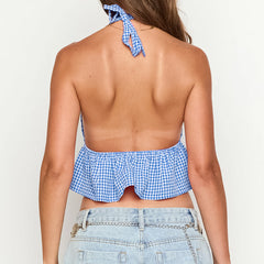 Halter Neck Backless Plaid Belly-Baring Vest