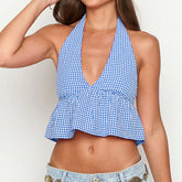 Halter Neck Backless Plaid Belly-Baring Vest