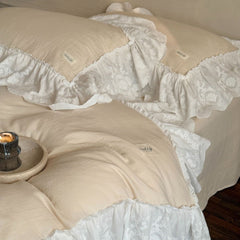 Macaroon French Lace Ruffled Bedding Set - Cream