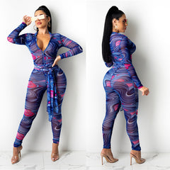 Bedruckter, rückenfreier Jumpsuit mit Cut-outs und Bindeband