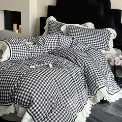 Hazel Vintage Gingham Ruffle Bedding Set - Black