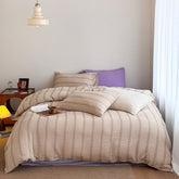 Vintage Striped Washed Cotton Bedding Set - Khaki & Purple