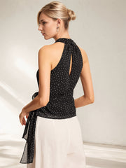 Polka Dot Sleeveless Halter Neck Tie Waist Tank Top