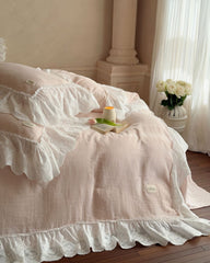 Macaroon French Lace Ruffled Bedding Set - Pink