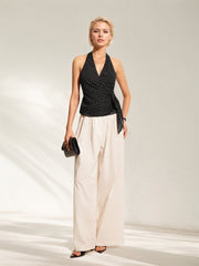 Polka Dot Sleeveless Halter Neck Tie Waist Tank Top
