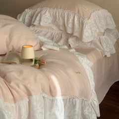 Macaroon French Lace Ruffled Bedding Set - Pink