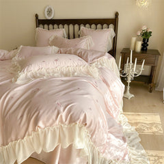 Rosalie Embroidered Cotton Ruffle Bedding Set - Pink Blush