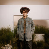 Embroidered Denim Jacket With A Stand-Up Collar