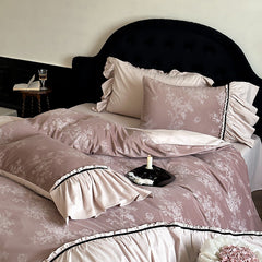 Jacquard Gilded Velvet Ruffled Bedding Set - Pink