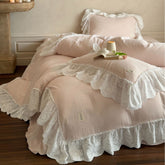 Macaroon French Lace Ruffled Bedding Set - Pink