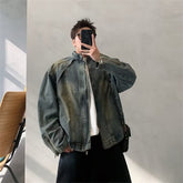 Vintage Washed Denim Zip-Up Jacket With Stand Collar