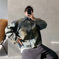 Vintage Washed Denim Zip-Up Jacket With Stand Collar