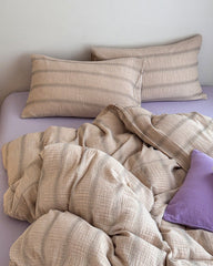 Vintage Striped Washed Cotton Bedding Set - Khaki & Purple