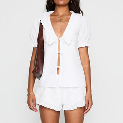 White Puff Sleeve Lace Two-Piece Suit