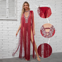 Vestido con escote en V profundo y flecos de diamantes de imitación - Rojo