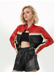 Short Leather Jacket Made Of Patchwork PU Leather