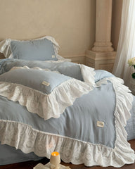 Macaroon French Lace Ruffled Bedding Set - Blue