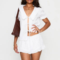 White Puff Sleeve Lace Two-Piece Suit