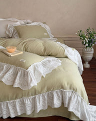 Macaroon French Lace Ruffled Bedding Set - Olive Green