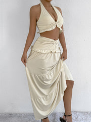 Halter Neck Two Piece Low Waist Hem Hip Long Skirt