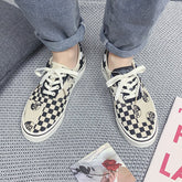 Women's & Men's Spring Black And White Plaid Chessboard Canvas Shoes