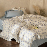 French Blue Floral Ruffled Bedding Set