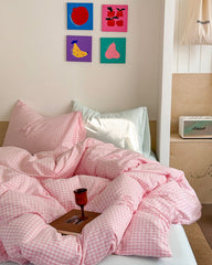 Chloe Pastel Candy Cotton Bedding Set - Pink Plaid