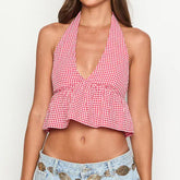 Halter Neck Backless Plaid Belly-Baring Vest
